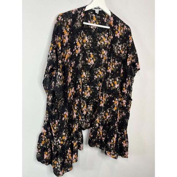 American Eagle Boho Floral Ruffle Kimono Cardigan One Size Black Pink - Picture 16 of 16